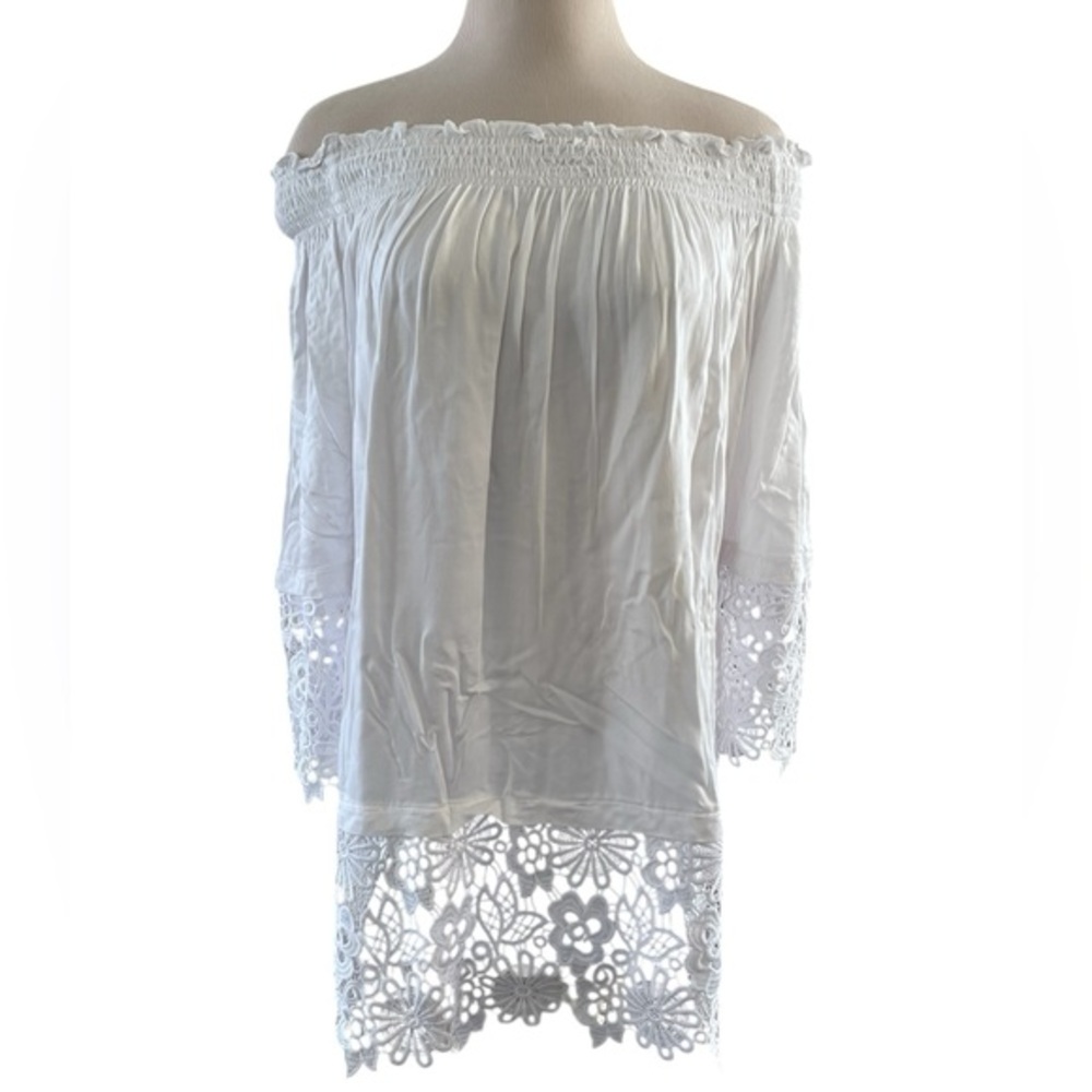 BELLA SKY White Rayon Off The Shoulder Long Sleeve Tunic Lace Trim Rayon Size XL